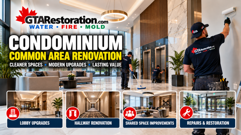 Condo common area renovation with GTA Restoration technicians completing lobby, hallway and shared space upgrades