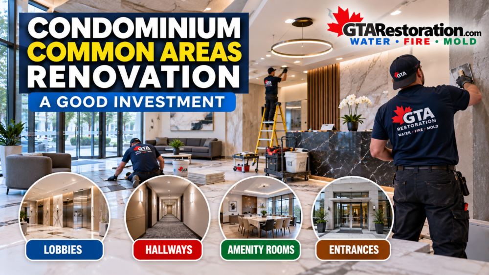 Condominium common areas renovation showing lobby, hallway, amenity room and entrance upgrades