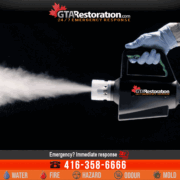 A gloved hand holds a fogging device emitting spray against a dark background; an emergency response company’s ad with contact information and service icons for water damage restoration, fire, hazard, odor, and