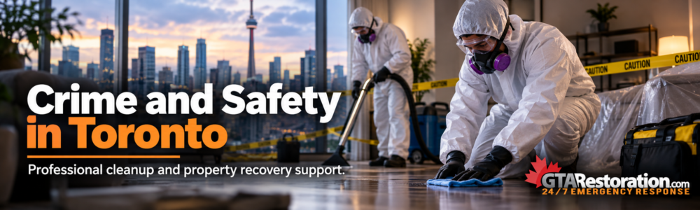 Illustration of two cleanup workers in protective suits cleaning an indoor floor