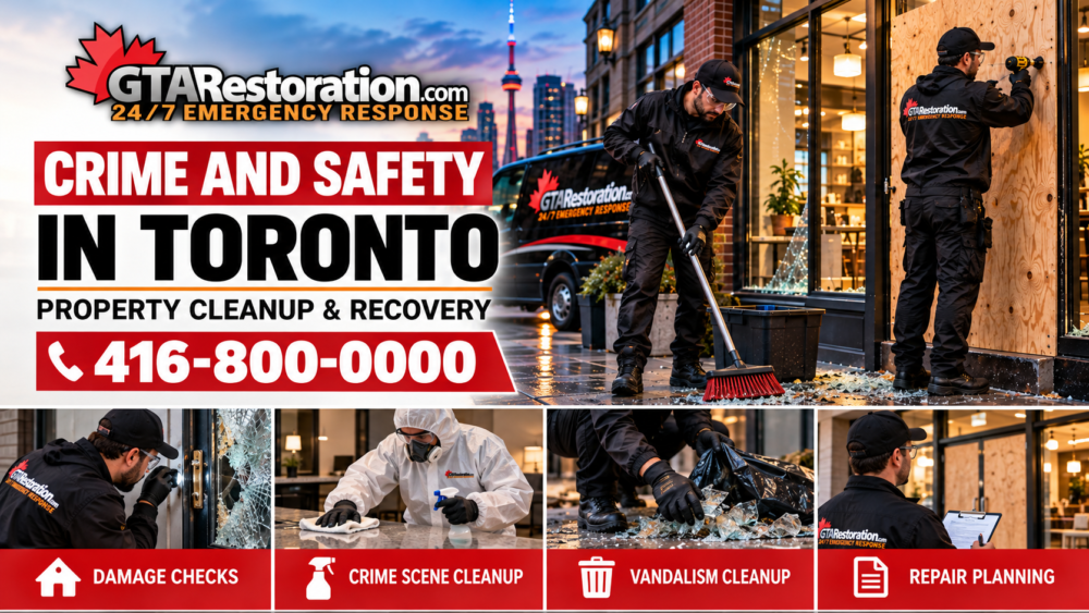 Restoration crew boarding a damaged storefront and clearing glass, with four cleanup service panels below