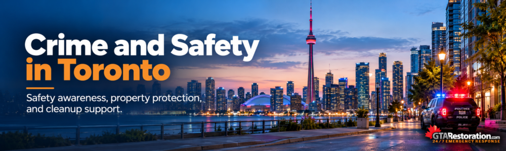 Crime and safety in Toronto banner showing the waterfront skyline and a police vehicle