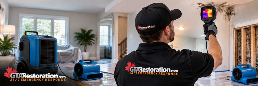 GTA Restoration technician using thermal imaging during a Toronto mold and moisture inspection