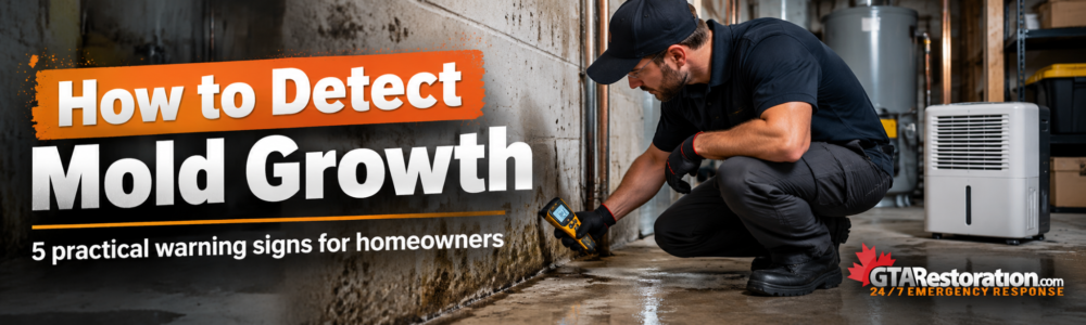 Detect mold growth with five warning signs including moisture, musty odours and visible staining