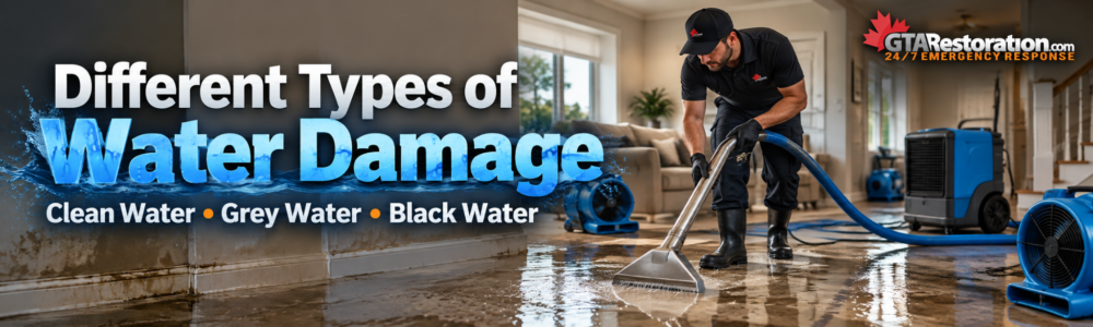 Types of Water Damage affecting flooring inside a home, Different Types of Water Damage Different Types of Water Damage showing clean water, grey water and black water cleanup categories
