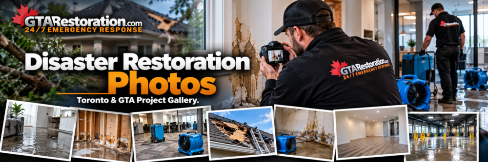 Disaster restoration photos banner with damage scenes, drying equipment and a worker taking pictures.