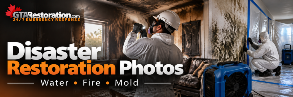 Branded graphic showing protective clothing, a soot-darkened room and a stained wall behind plastic sheeting.