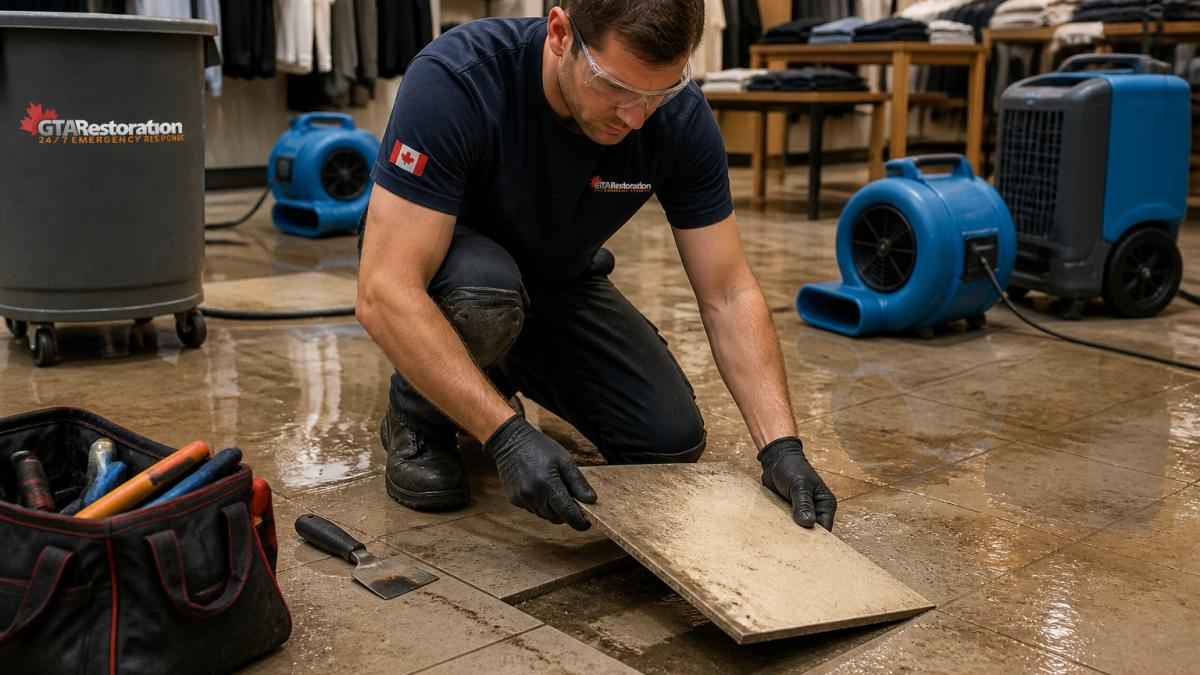 Restoration technician inspecting a water-damaged retail flooring tile