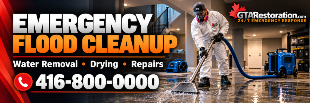 GTA Restoration emergency flood cleanup banner showing a technician removing water from a basement.