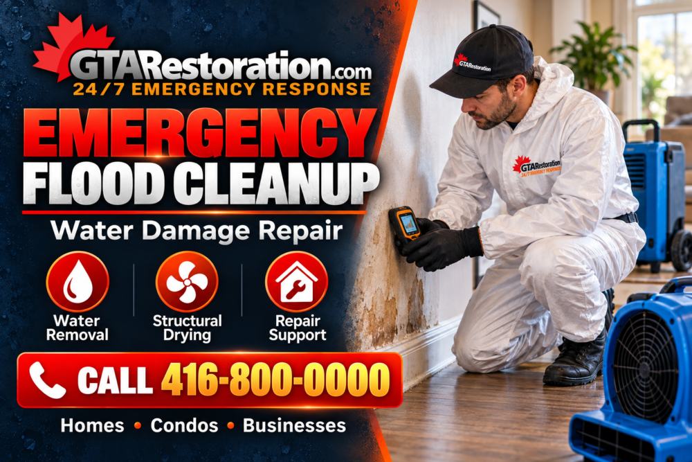 GTA Restoration promotional graphic showing a technician checking wall moisture beside drying equipment.