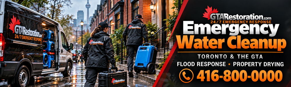 Illustration of a restoration crew bringing drying equipment and an inspection case to a townhouse.