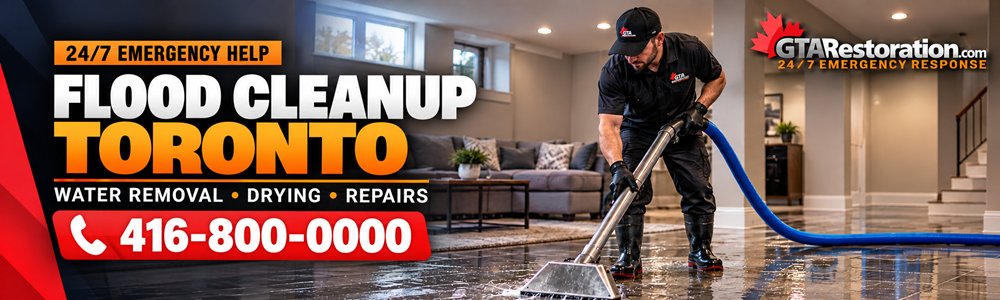 Emergency Flood Cleanup Toronto Indoor Banner Flood cleanup in Toronto banner showing a technician extracting water from a flooded basement.
