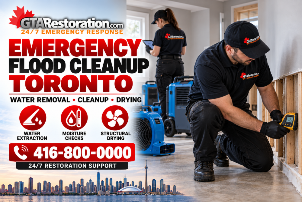 Emergency Flood Cleanup Toronto Promo Poster Emergency flood cleanup poster showing a technician checking moisture in exposed wall framing beside drying equipment.