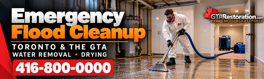 Illustration of emergency flood cleanup with a technician extracting water from a basement floor.