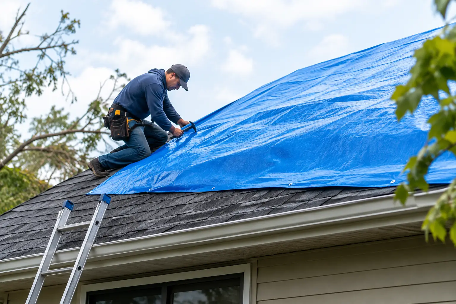 Blue temporary roof tarp on a shingled home