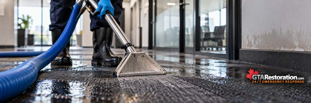 Technician using an extraction wand to remove water from an office carpet