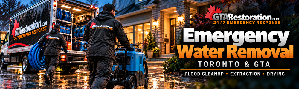 Restoration crew unloading water removal equipment outside a home at dusk