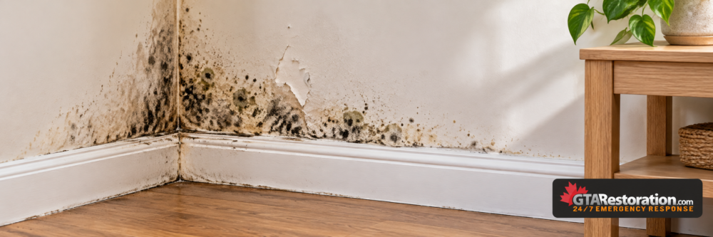 Mold growth and peeling paint on an interior wall above a white baseboard