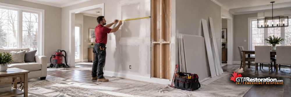 Worker measuring a wall beside drywall patches and exposed framing
