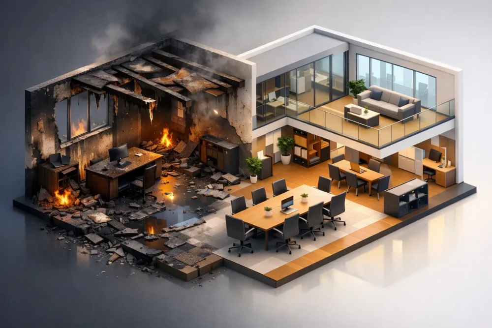 Fire-damaged office rebuild example