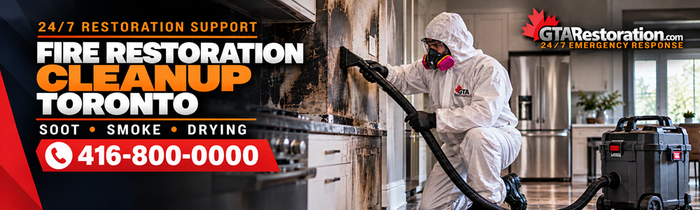 Fire Restoration Cleanup Toronto Indoor Banner Fire restoration cleanup technician vacuuming soot from a smoke-damaged kitchen wall.