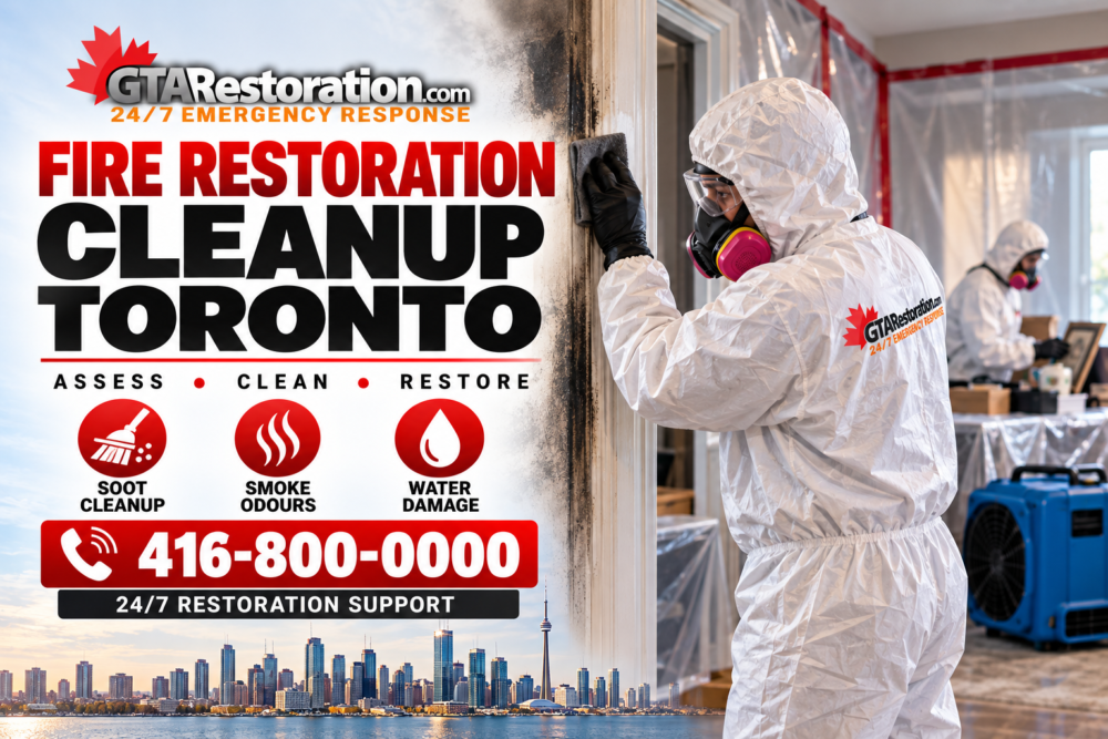 Fire Restoration Cleanup Toronto Promo Poster Toronto fire cleanup poster showing a worker cleaning a soot-stained doorframe while wearing protective clothing.