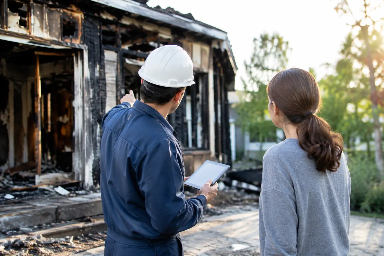 Fire restoration services assessment outside a damaged house