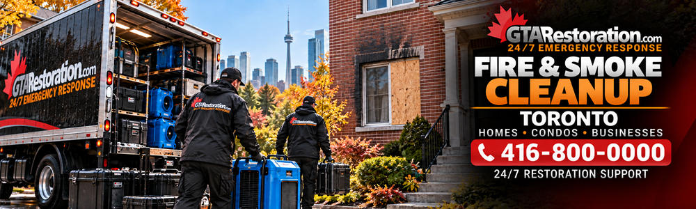 Fire Restoration Toronto Response Banner Restoration crew moving equipment from a branded truck toward a brick home with a boarded window.