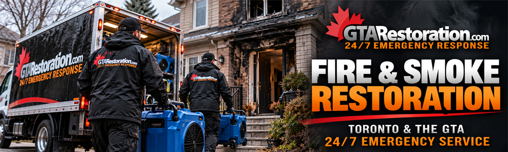 Restoration crew moving blue equipment from a truck toward a fire-damaged brick home.
