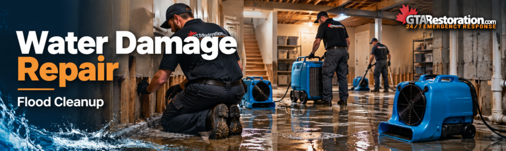 Flood cleanup crew drying a water-damaged property with commercial restoration equipment