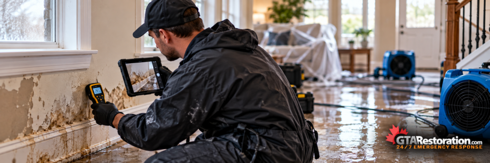 Restoration technician documenting flood damage with moisture readings and photos