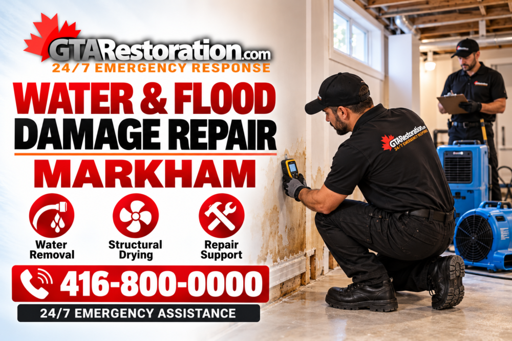 Flood Damage Repair Markham Restoration Poster Restoration technician using a moisture meter on a stained wall beside blue drying equipment.