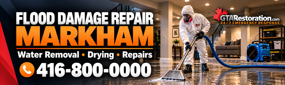 Flood Damage Repair Markham Water Removal Banner Illustration of flood damage repair in Markham, with a technician extracting water from a floor.