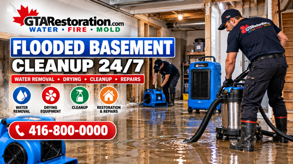 Flooded basement cleanup 24/7 graphic showing water removal and drying equipment