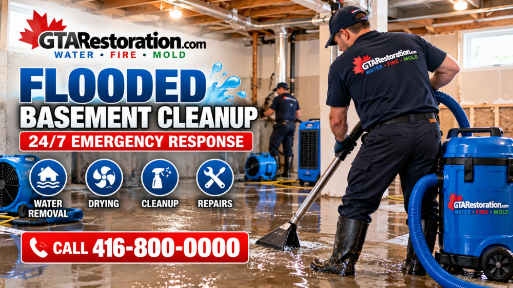 Emergency basement cleanup graphic with water extraction and drying equipment