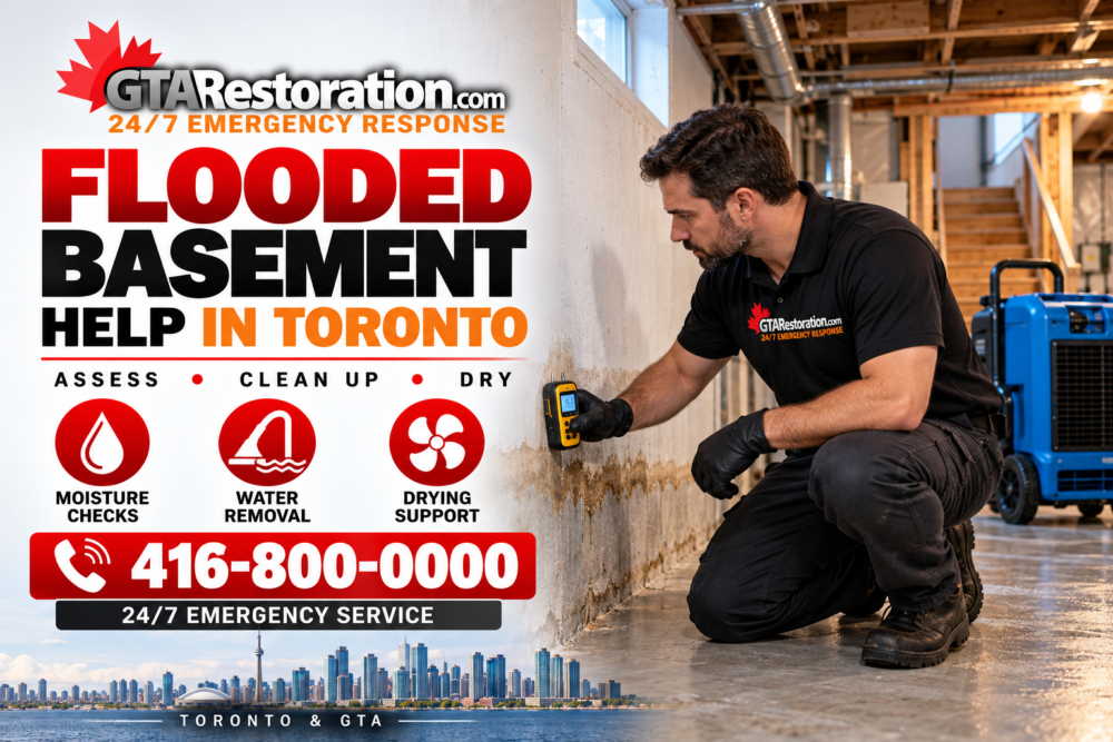 Technician checking a stained wall with a moisture meter beside drying equipment.