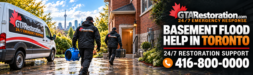 Two GTA Restoration technicians carrying a blue air mover and a black case toward a home's side entrance.