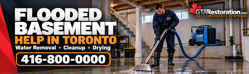 Flooded basement cleanup with a technician using a water extraction wand.
