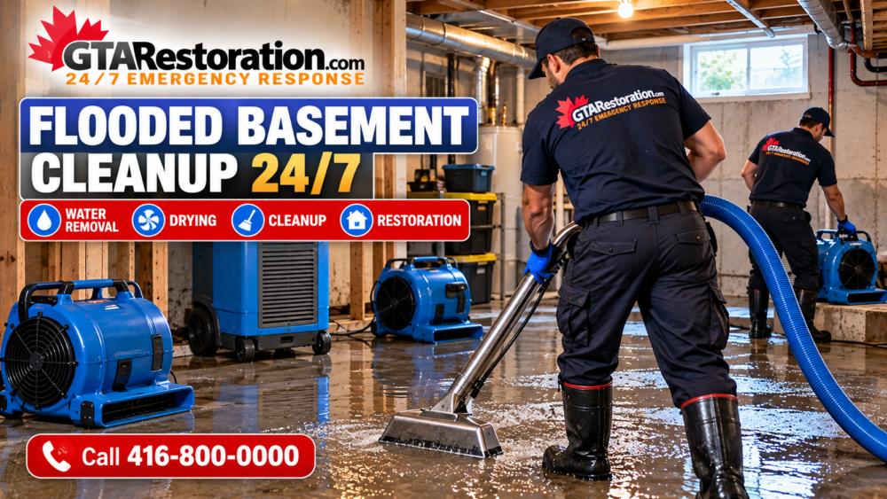 Basement water removal graphic showing extraction hoses, air movers and a dehumidifier