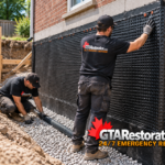 Technicians inspect a damp foundation crack with a flashlight and moisture meter.
