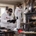 GTA Restoration technicians assess soot and fire damage in a living room.