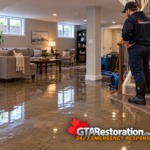 GTA Restoration technician assessing standing water in a finished basement