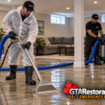 Technicians extracting standing water from a finished basement