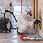 Two GTA Restoration technicians removing mold-damaged material inside containment