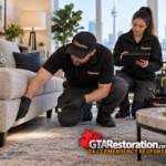 GTA Restoration technicians inspect a sofa and record findings on a tablet.