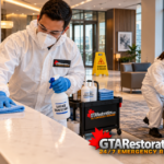 GTA Restoration technicians disinfecting a condominium lobby counter and chair arm