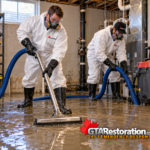 Two GTA Restoration technicians extracting sewage water from a basement