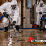 Technicians extracting wastewater around a basement floor drain