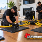 Technicians setting up hardwood floor drying mats and connected hoses