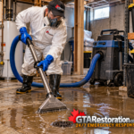 Technician extracting dirty water beside a backed-up basement floor drain